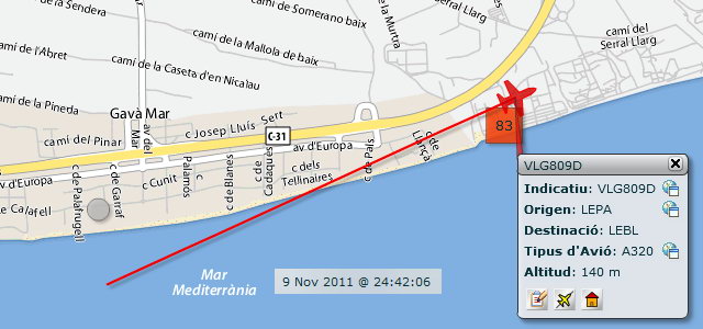 Avi� aproximant-se a l'aeroport de Barcelona-El Prat per aterrar a la tercera pista, en configuraci� est, sobrevolant Gav� Mar dins de l'horari nocturn i amb un elevad�ssim impacte ac�stic (9 Novembre 2011 - 00:42h)